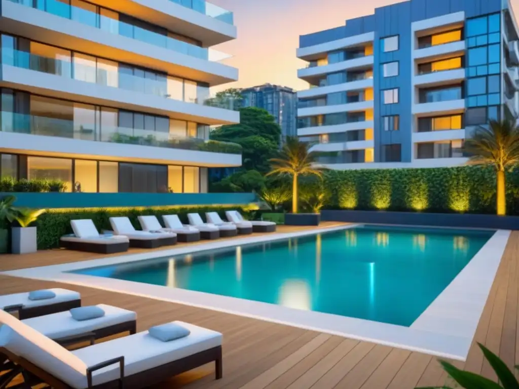 Edificio de apartamentos de lujo en entorno urbano vibrante Un edificio de apartamentos moderno y lujoso con exteriores de vidrio, rodeado de vegetación exuberante y una piscina reluciente al atardecer