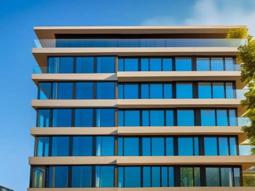 Edificio de apartamentos de lujo: sofisticación y modernidad Un edificio de apartamentos moderno y lujoso con exteriores de cristal, rodeado de exuberante vegetación