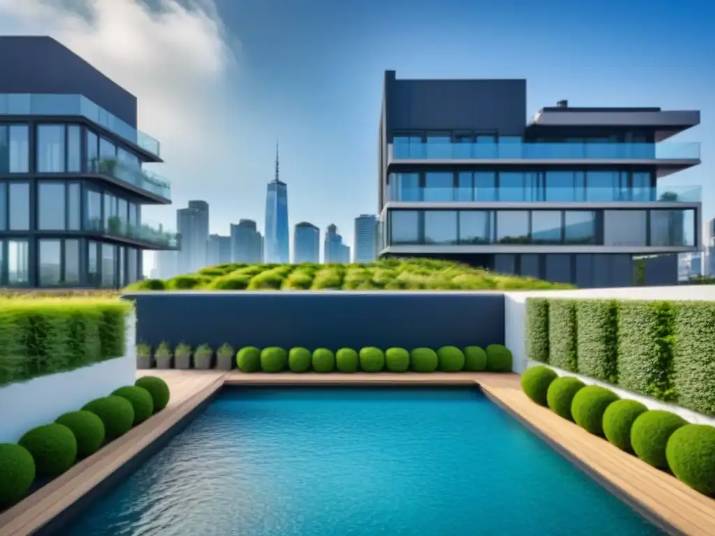 Edificio de lujo con diseño arquitectónico moderno y jardín en la azotea Un edificio de apartamentos moderno y lujoso, con diseño arquitectónico elegante y jardín en la azotea con vistas a la ciudad