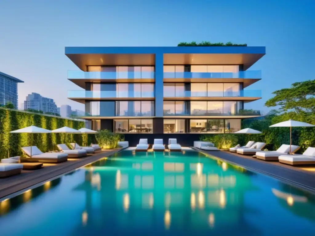 Edificio de lujo en ciudad vibrante: modernidad y elegancia en cada detalle Edificio de apartamentos moderno y lujoso con vistas a la ciudad, resaltando la importancia de seguros en inversiones inmobiliarias