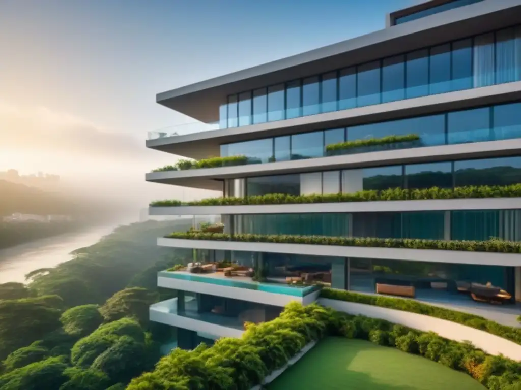 Edificio de lujo en ciudad latina: ventanales, ciudad vibrante y río Un edificio de apartamentos moderno y lujoso en una ciudad latinoamericana, rodeado de vegetación exuberante y un río brillante al fondo