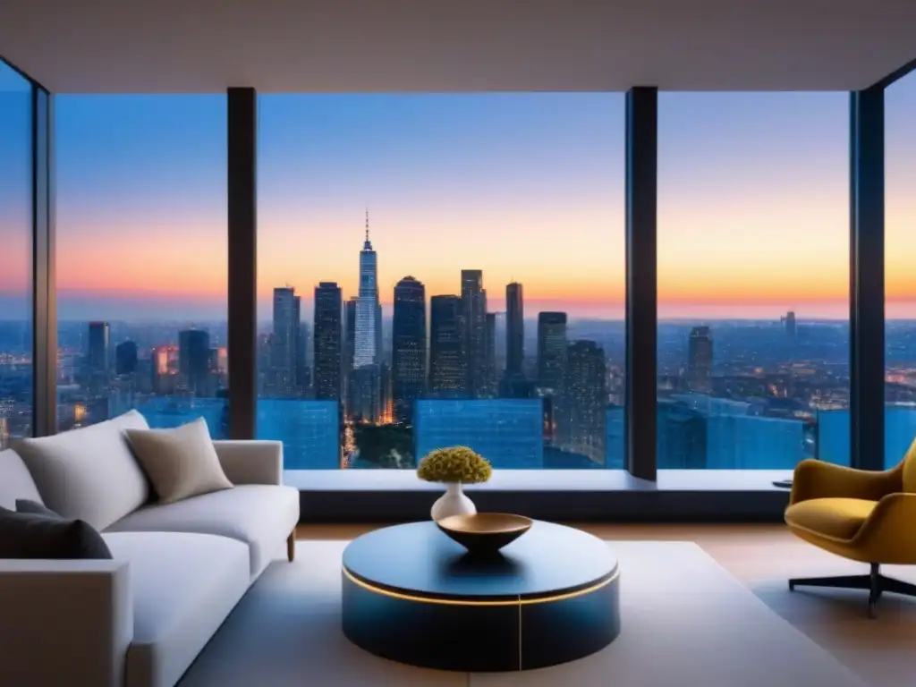 Edificio de apartamentos moderno y lujoso con vista a la ciudad al anochecer