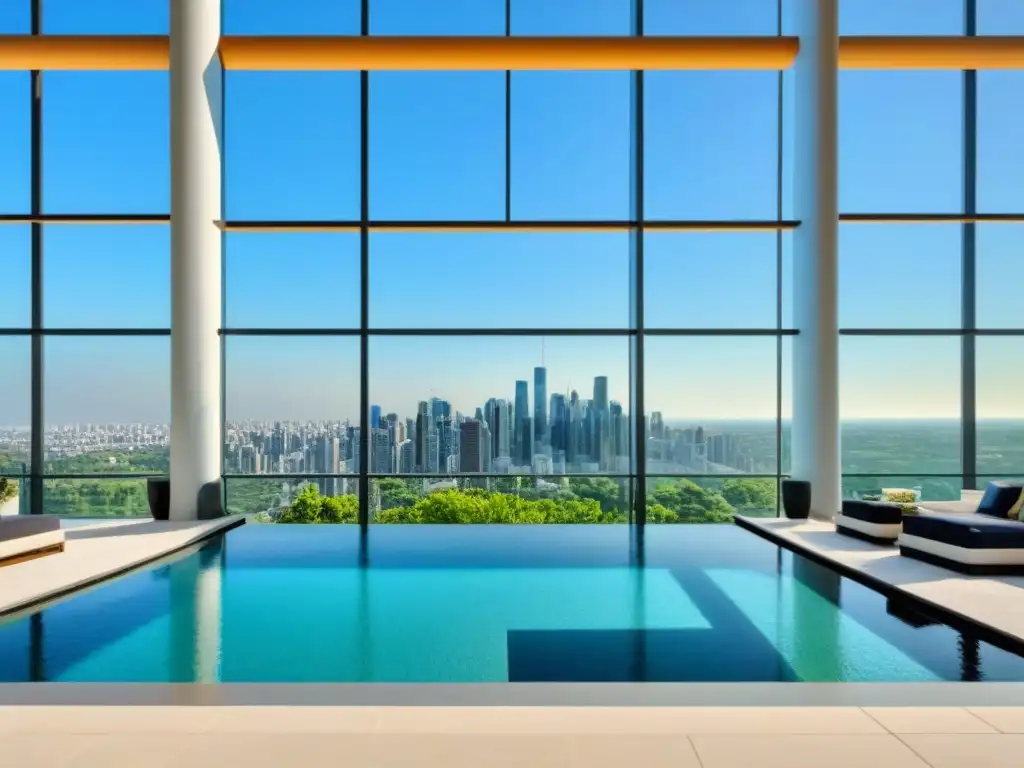Edificio de lujo: modernidad y exclusividad en la ciudad Un edificio de apartamentos moderno y lujoso con fachadas de vidrio, rodeado de vegetación, lobby elegante y piscina en la azotea