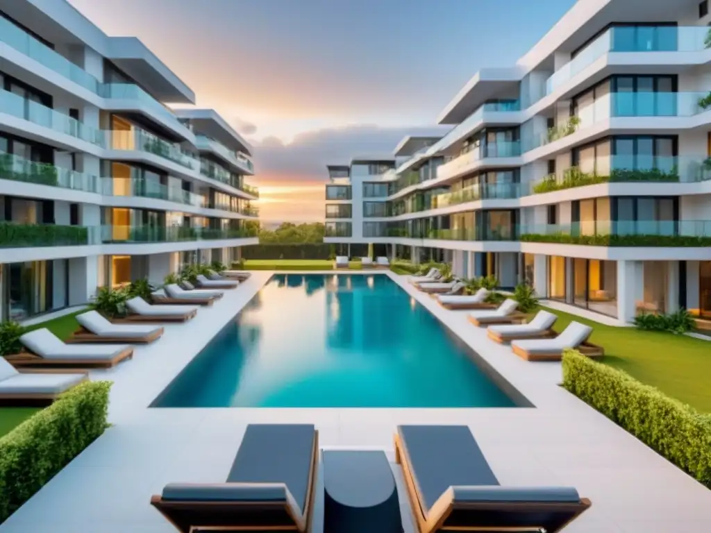 Residencial de lujo con piscina y seguridad Edificio de apartamentos moderno y lujoso con exteriores de vidrio, rodeado de exuberante vegetación y una piscina reluciente al atardecer