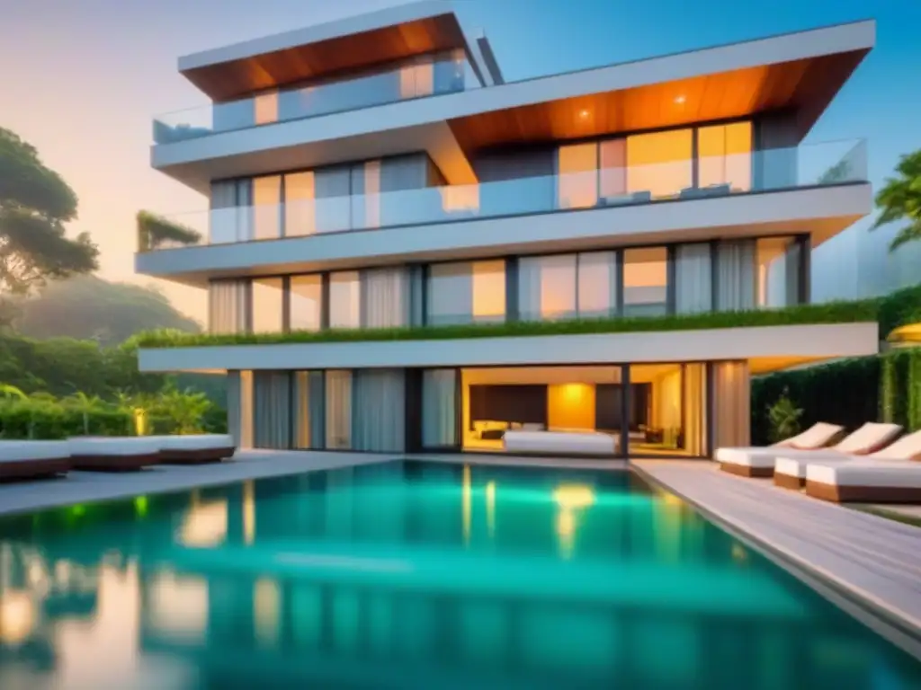 Edificio de apartamentos de lujo con diseño moderno y vistas al atardecer Un edificio de apartamentos moderno y lujoso rodeado de vegetación exuberante y una piscina reluciente al atardecer