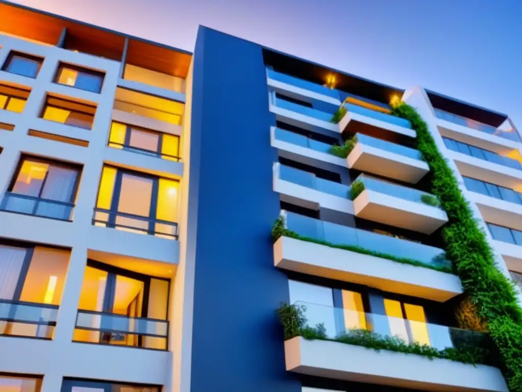 Edificio de apartamentos de lujo: diseño moderno con vistas a la ciudad Edificio de apartamentos moderno y lujoso con diseño elegante y seguro, rodeado de vegetación y con vista a la ciudad