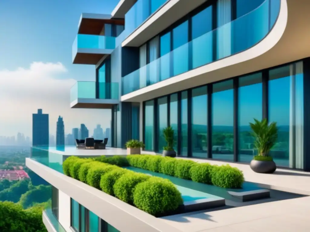 Edificio de apartamentos de lujo en la ciudad: diseño moderno y exclusividad Edificio de apartamentos moderno y lujoso con diseño arquitectónico elegante, ventanas de piso a techo y terraza en la azotea con vista a la ciudad