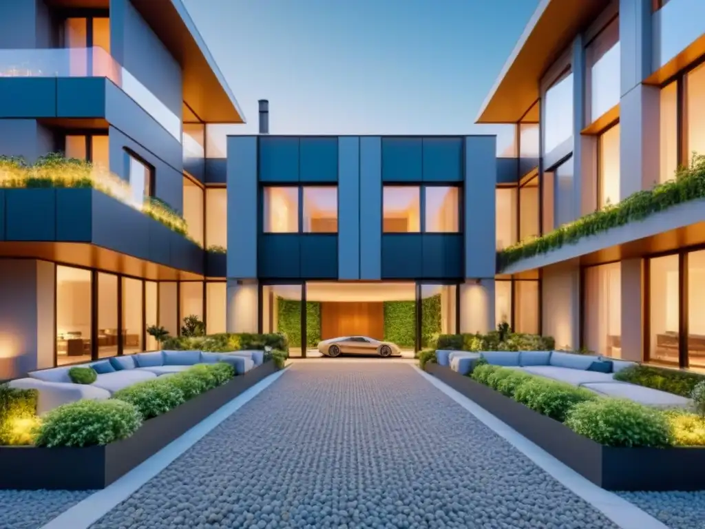 Edificio moderno de lujo: fusión tecnología y naturaleza al atardecer Un edificio de apartamentos moderno y lujoso con fachadas de vidrio y exuberante vegetación, integrando tecnología y naturaleza