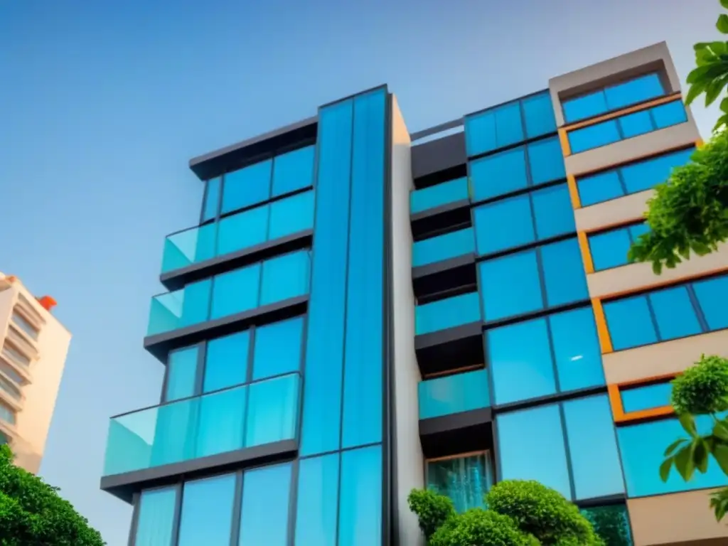 Edificio de lujo en armonía con la naturaleza y la ciudad Un edificio de apartamentos moderno y lujoso con exteriores de vidrio, rodeado de exuberante vegetación y reflejando el vibrante paisaje urbano en sus ventanas