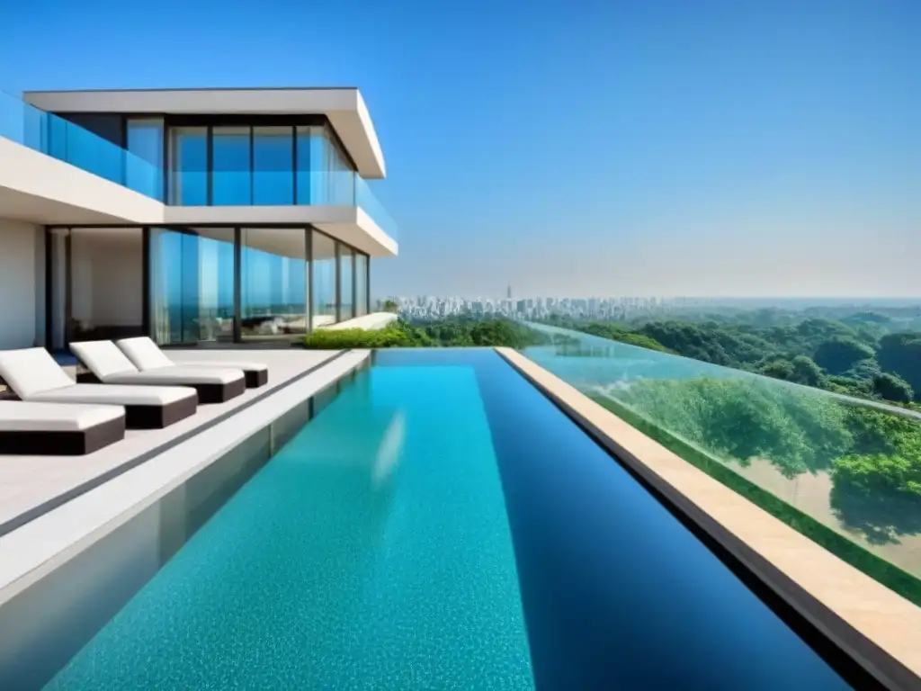 Edificio de apartamentos de lujo con terraza y piscina en la azotea Edificio de apartamentos moderno y lujoso con terraza en la azotea y piscina, ideal para comprar vs alquilar mercado inmobiliario