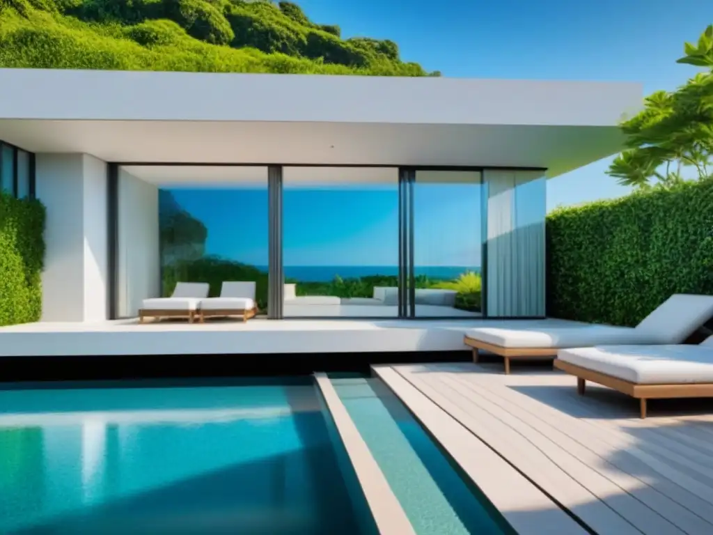 Edificio de apartamentos de lujo con diseño contemporáneo y vistas panorámicas Un edificio de apartamentos moderno y lujoso con ventanales de piso a techo reflejando un cielo azul claro, rodeado de exuberante vegetación y una piscina brillante