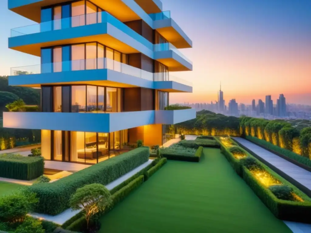 Edificio de lujo al atardecer: arquitectura moderna con ventanales y luz dorada, rodeado de vegetación y skyline urbano Un edificio de apartamentos moderno y lujoso al atardecer, con arquitectura elegante y ventanas de piso a techo que reflejan una cálida luz dorada
