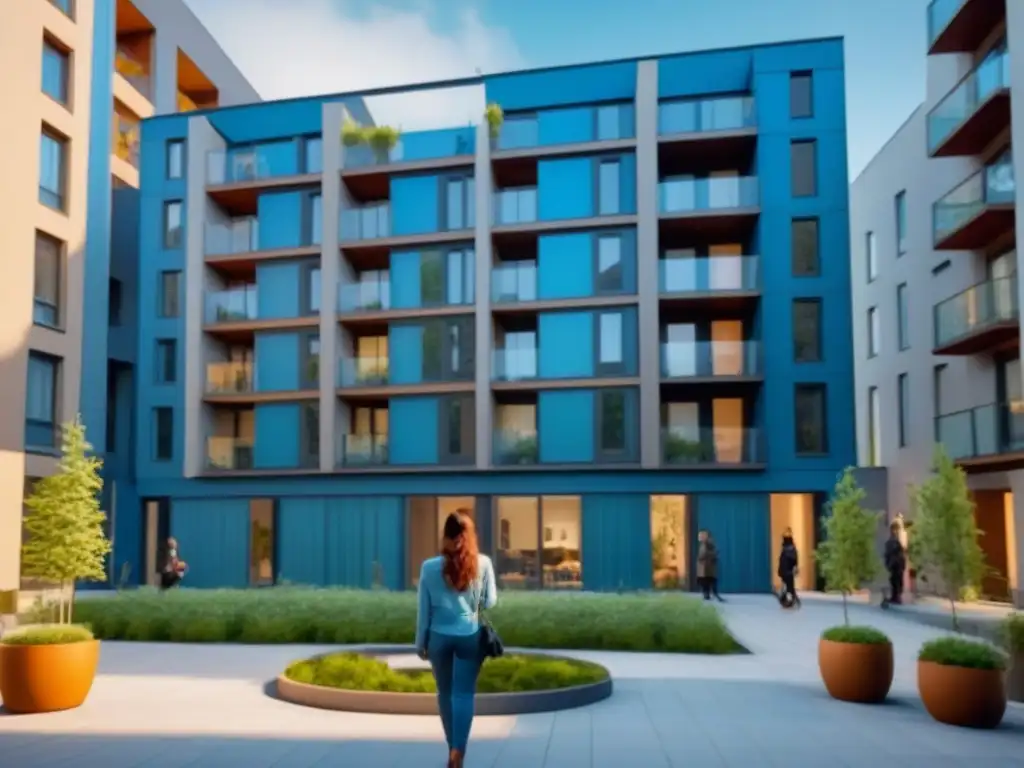Vida comunitaria en edificio moderno: inversiones y arquitectura Un edificio de apartamentos moderno con personas diversas discutiendo estrategias de inversión y arquitectura, bajo un cielo azul brillante