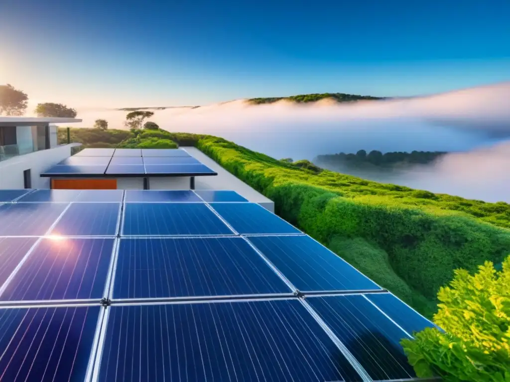 Edificio de apartamentos sostenible con paneles solares Un edificio de apartamentos moderno rodeado de vegetación, con paneles solares en el techo, bajo un cielo azul claro