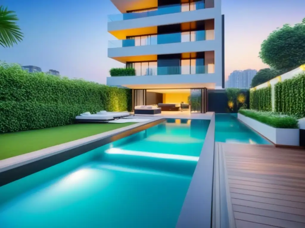 Edificio de apartamentos de lujo: diseño moderno y sofisticado con terraza y piscina Un edificio de apartamentos moderno rodeado de vegetación exuberante, con diseño elegante y piscina reluciente