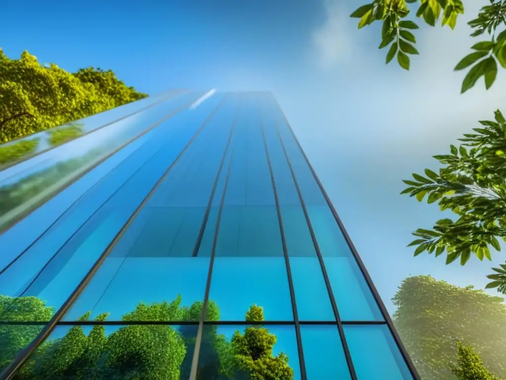 Edificio bancario moderno: transparencia y diversidad en la ciudad Edificio bancario moderno con paredes de cristal, reflejando el cielo azul y rodeado de árboles