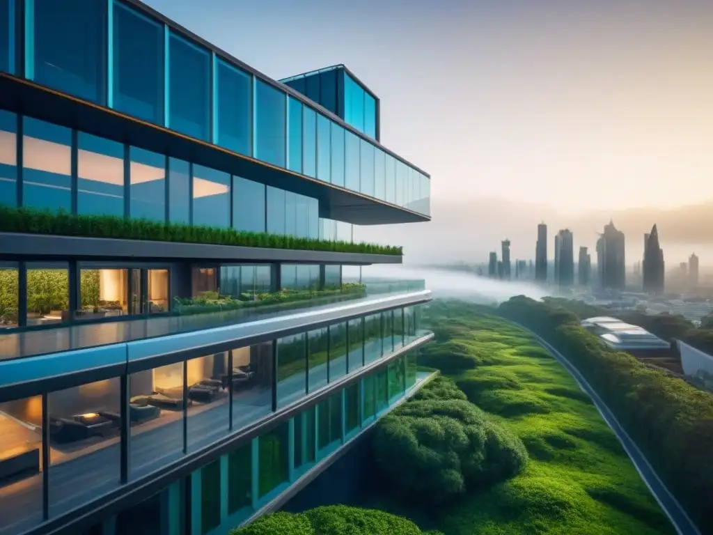 Edificio comercial futurista: innovación y modernidad en 8k Un edificio comercial futurista con innovadores elementos de diseño, rodeado de vegetación y tecnología avanzada