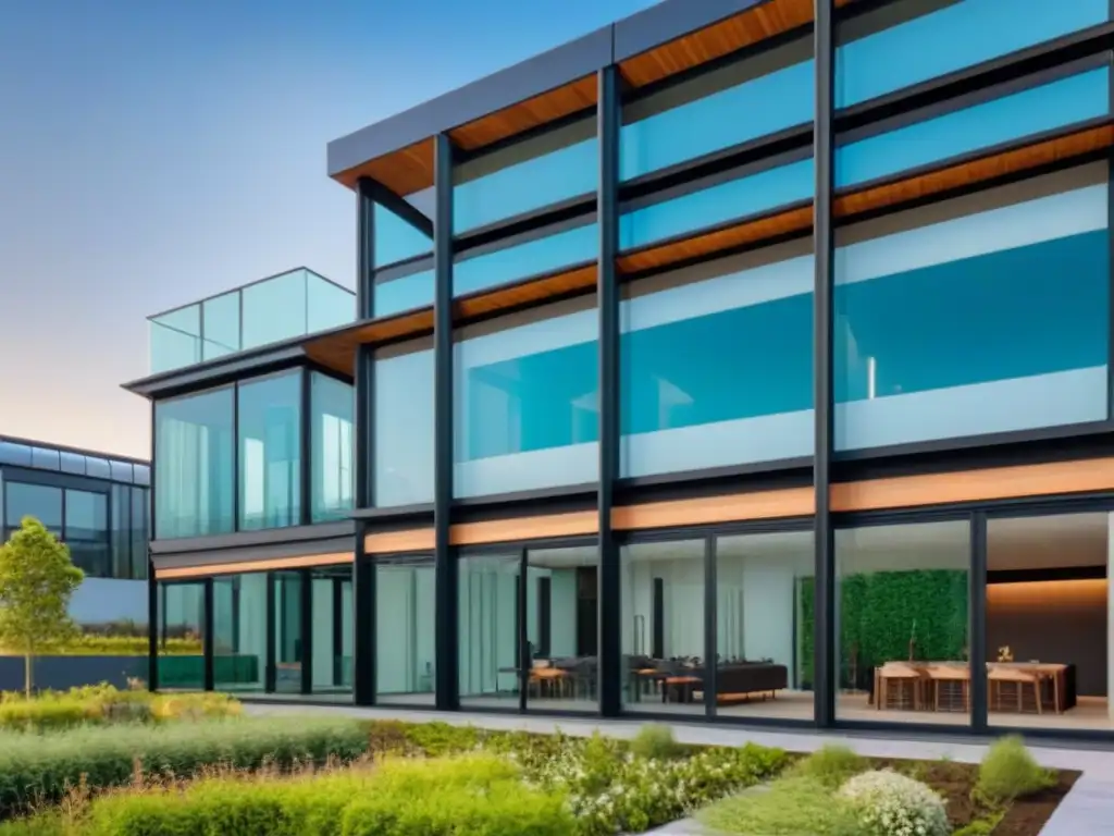 Edificio comercial moderno: arquitectura innovadora y sostenible Un edificio comercial innovador rodeado de vegetación exuberante, destacando diseño sostenible y modernidad