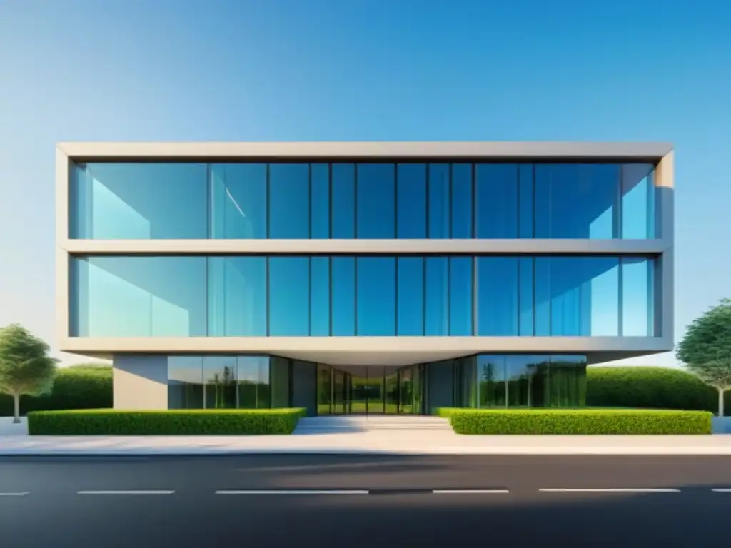Edificio comercial innovador: éxito en refinanciamiento inmobiliario Edificio comercial moderno con fachada de vidrio y diseño innovador, rodeado de exuberante vegetación bajo cielo azul
