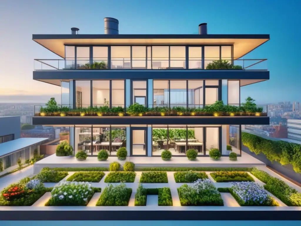 Edificio comercial moderno con múltiples negocios Un edificio comercial moderno con múltiples negocios en cada piso, rodeado de naturaleza