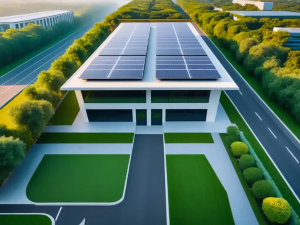 Edificio sostenible con paneles solares y diseño moderno Edificio comercial moderno con paneles solares, rodeado de vegetación y carriles para bicicletas