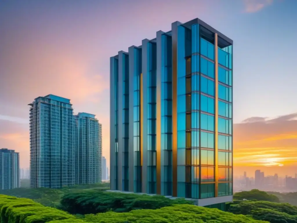 Edificio de lujo al atardecer: elegancia y modernidad en la ciudad Un edificio de condominios de lujo al atardecer, reflejando tonos dorados con ventanas de piso a techo, rodeado de vegetación exuberante y un horizonte urbano brillante al fondo