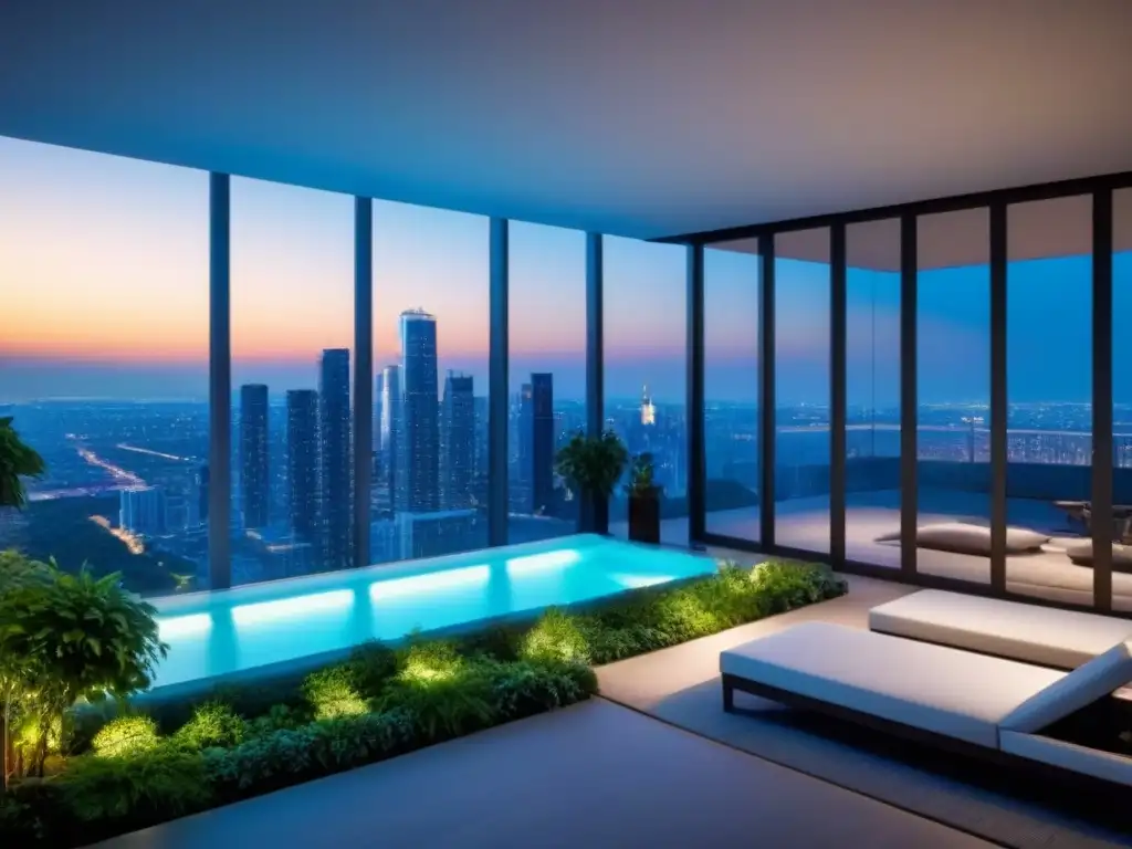 Un edificio de condominios de lujo con diseño futurista, rodeado de vegetación y amenidades modernas, reflejando la ciudad al atardecer