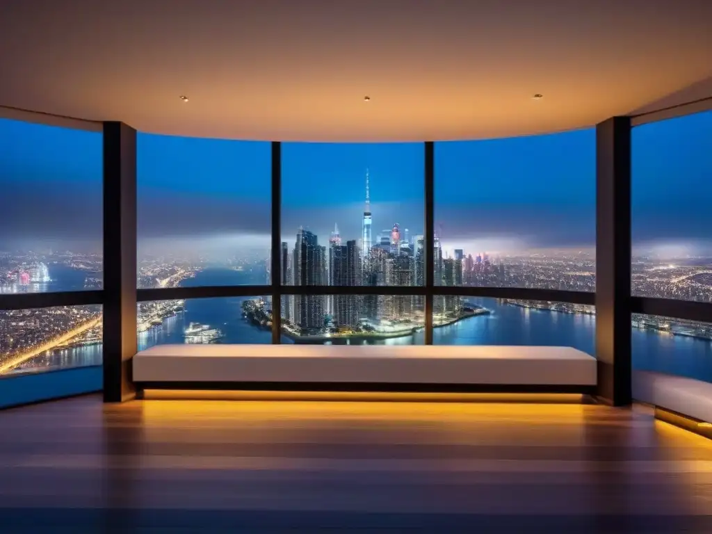 Edificio de condominios moderno de lujo con vistas a la ciudad de noche