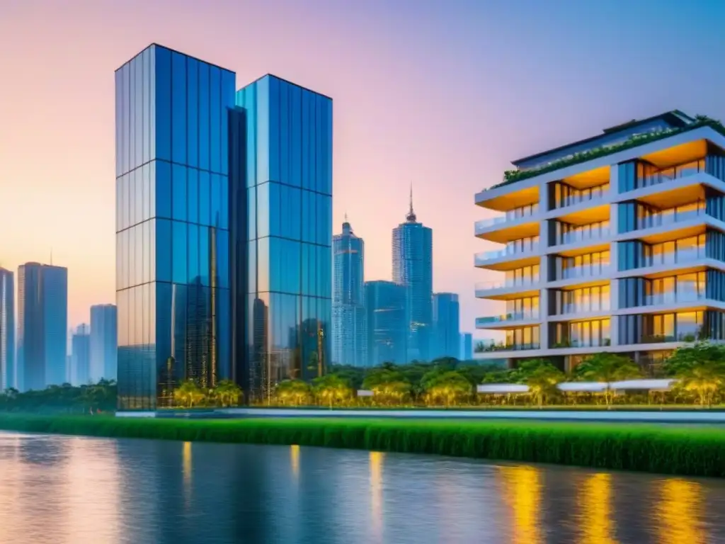 Rascacielos de lujo en metrópolis: inversión inmobiliaria exclusiva Un edificio de condominios moderno y lujoso reflejando el horizonte urbano al atardecer, rodeado de vegetación y un río, para Tendencias financiamiento inmobiliario emergentes