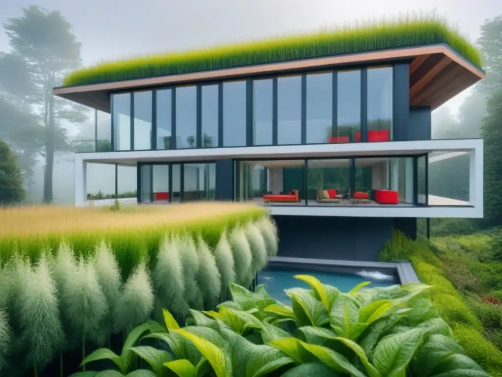 Edificio ecoamigable: diseño moderno y sostenible en 8k Un edificio ecoamigable con diseño innovador y técnicas de construcción verde, rodeado de naturaleza exuberante
