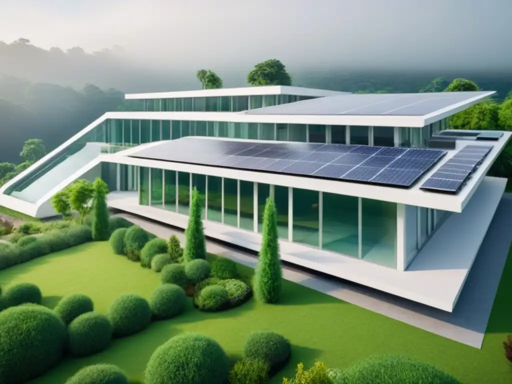 Edificio ecoamigable futurista rodeado de naturaleza exuberante Un edificio ecoamigable futurista rodeado de vegetación, con paneles solares y sistemas de recolección de agua