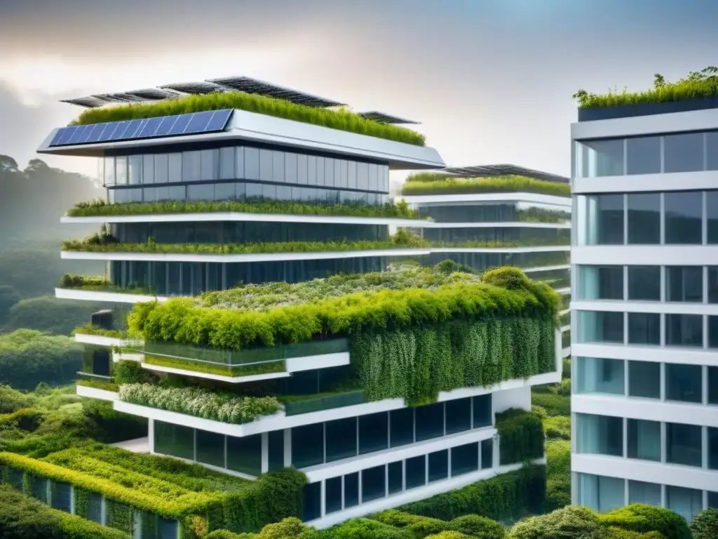 Edificio ecofuturista con jardín vertical y energía solar Edificio ecoamigable con paneles solares, jardín vertical y ventanas grandes