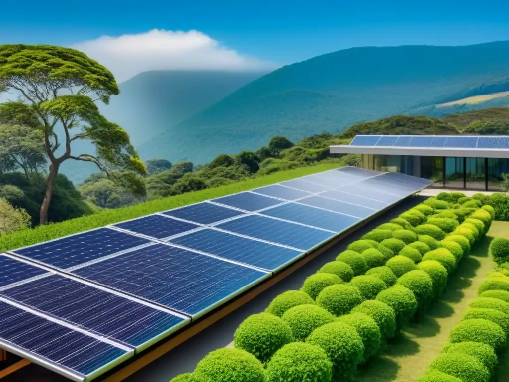 Edificio ecoamigable con paneles solares, rodeado de vegetación y cielo azul