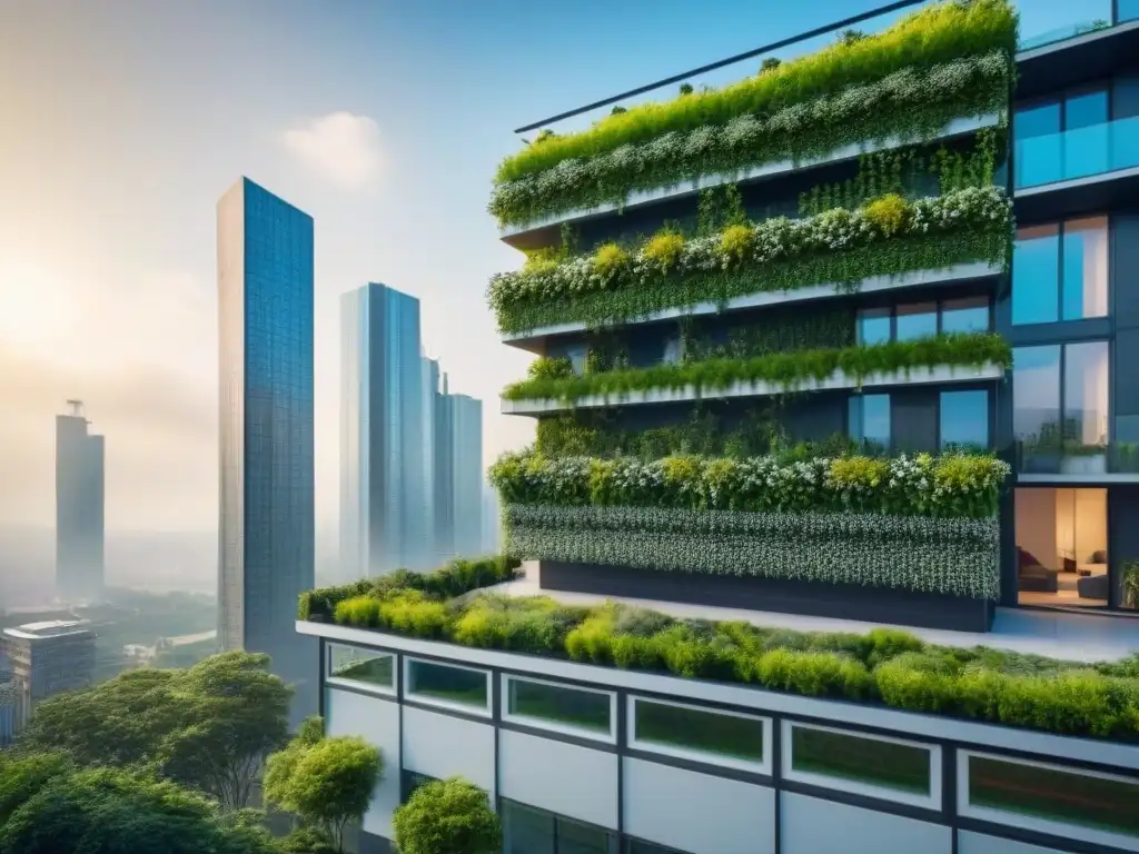 Edificio residencial ecofriendly en ciudad vibrante Un edificio ecológico con jardín en la azotea y paneles solares, en una ciudad vibrante