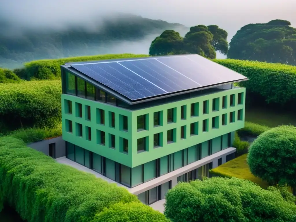 Edificio ecoamigable: fusión perfecta de tecnología y naturaleza Un edificio ecológico moderno rodeado de vegetación, con paneles solares y diseño innovador