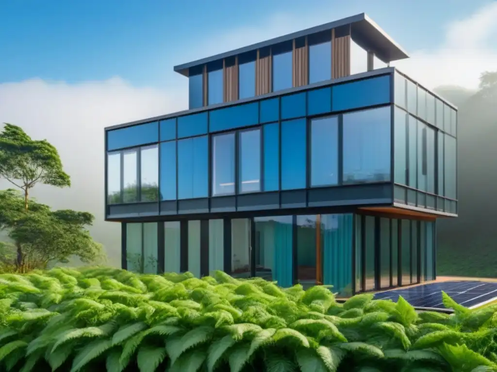 Edificio ecológico: innovación y armonía con la naturaleza Un edificio ecológico moderno rodeado de vegetación exuberante y paneles solares, bajo un cielo azul claro