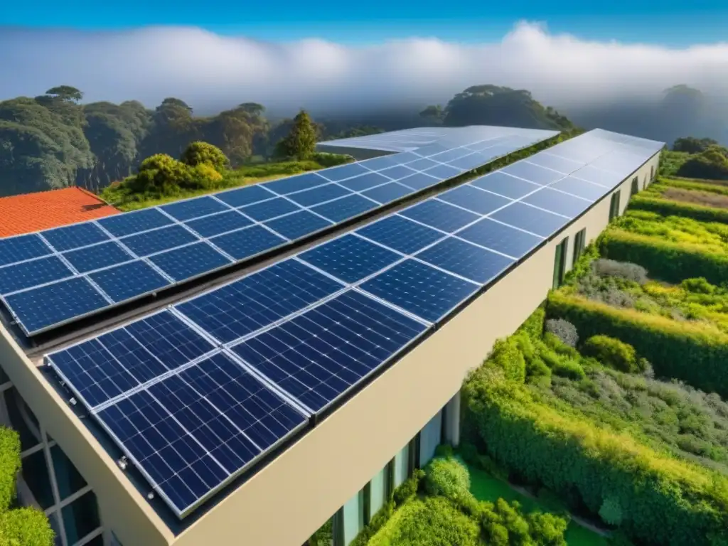 Edificio ecológico: diseño innovador con paneles solares y vegetación Edificio ecológico con paneles solares, vegetación y diseño sostenible