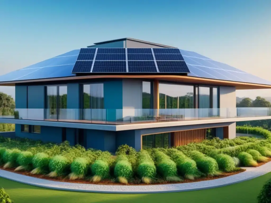 Edificio ecológico: armonía moderna con la naturaleza Edificio ecológico rodeado de naturaleza, con paneles solares y diseño sostenible