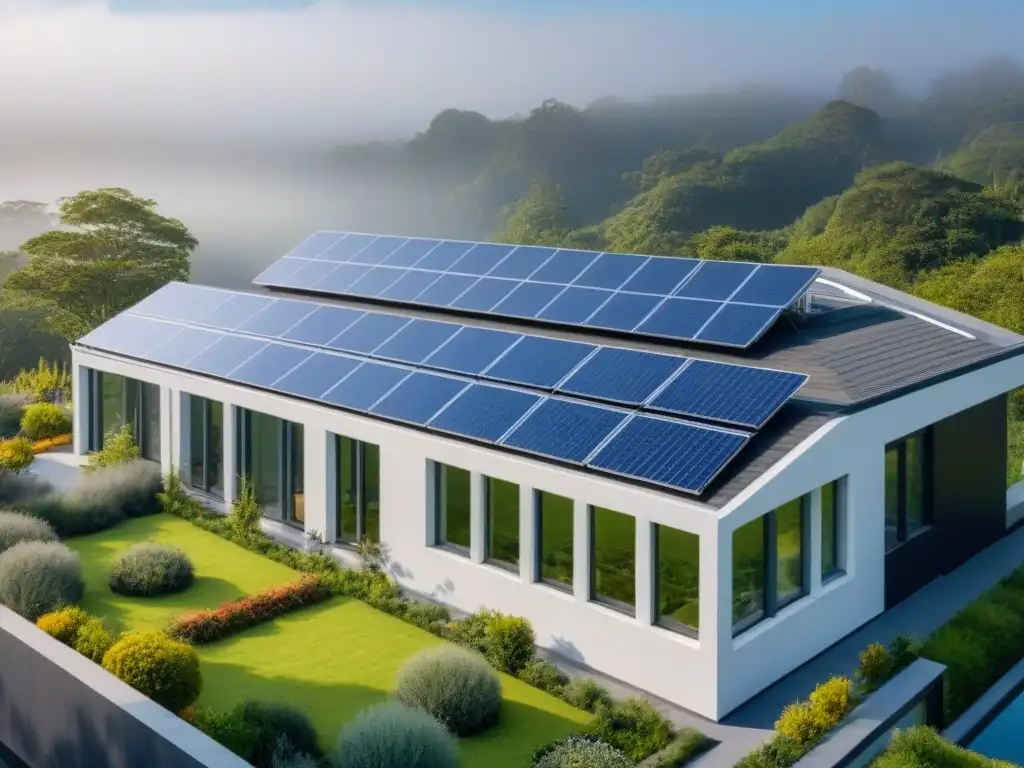 Edificio energéticamente eficiente con paneles solares y diseño moderno Edificio energéticamente eficiente con paneles solares, diseño moderno y naturaleza exuberante