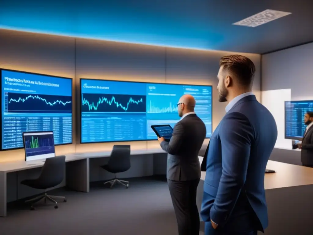 Edificio futurista: mercado inmobiliario digital y dinámico Un edificio futurista con una aplicación de gestión inmobiliaria financiamiento en tiempo real, rodeado de profesionales y tecnología avanzada