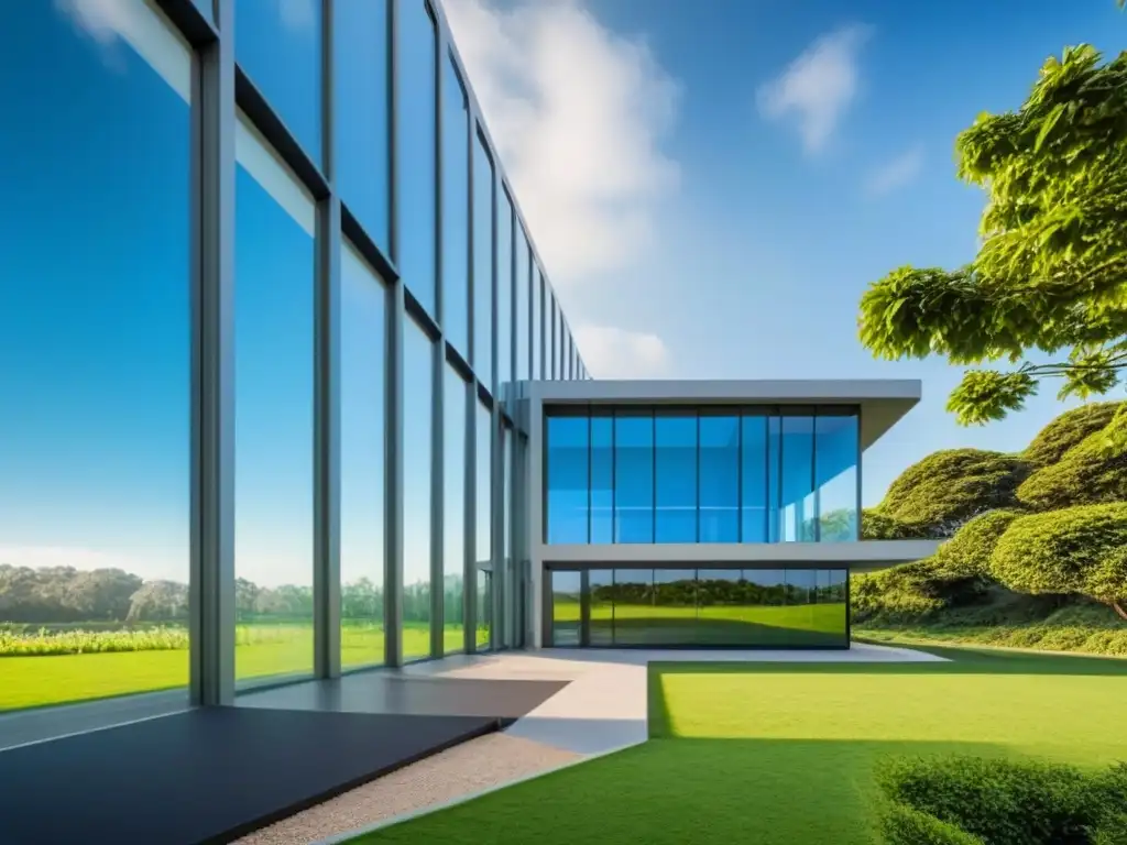Edificio futurista 8k con diseño geométrico y ventanales al cielo azul Edificio futurista con diseño geométrico, reflejando cielo azul en ventanales