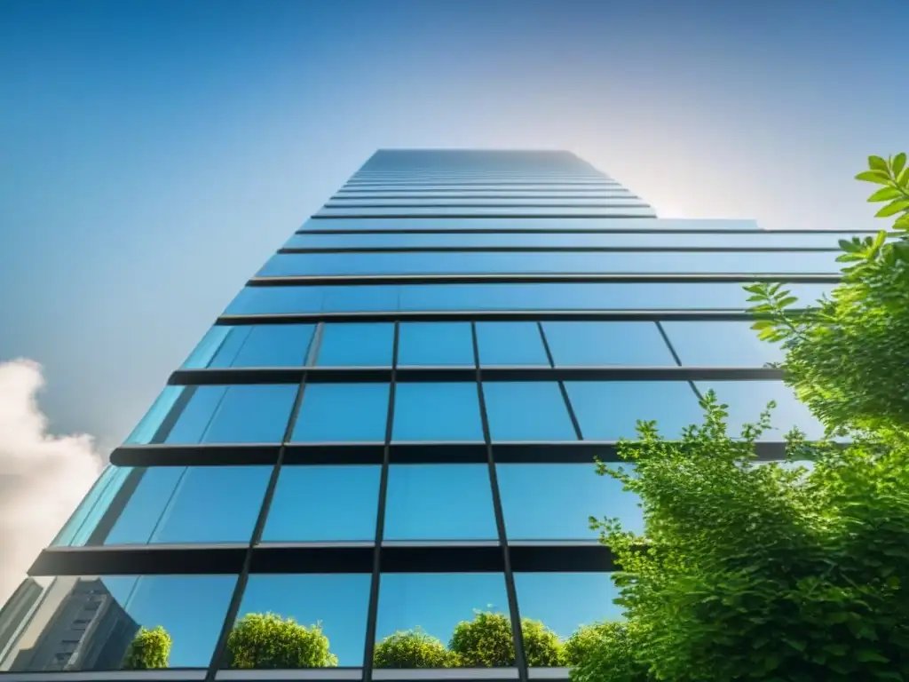 Edificio futurista con diseño cutting-edge y reflejos de luz Edificio futurista con diseño innovador y reflejos de luz, rodeado de vegetación y ciudad