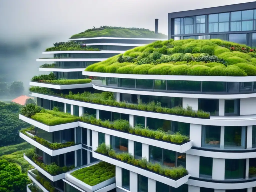 Complejo arquitectónico futurista y ecológico Edificio futurista y ecológico con diseño innovador y vegetación exuberante