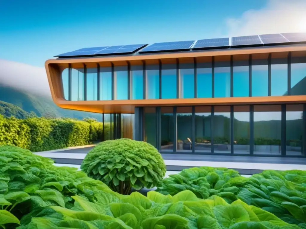 Edificio futuro ecoamigable con paneles solares integrados Un edificio futurista ecológico con paneles solares, rodeado de vegetación y cielo azul