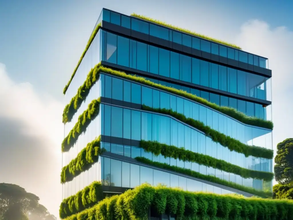 Edificio futurista con tecnología integrada en diseño y sostenibilidad Edificio futurista con fachada transparente y tecnología integrada, rodeado de vegetación