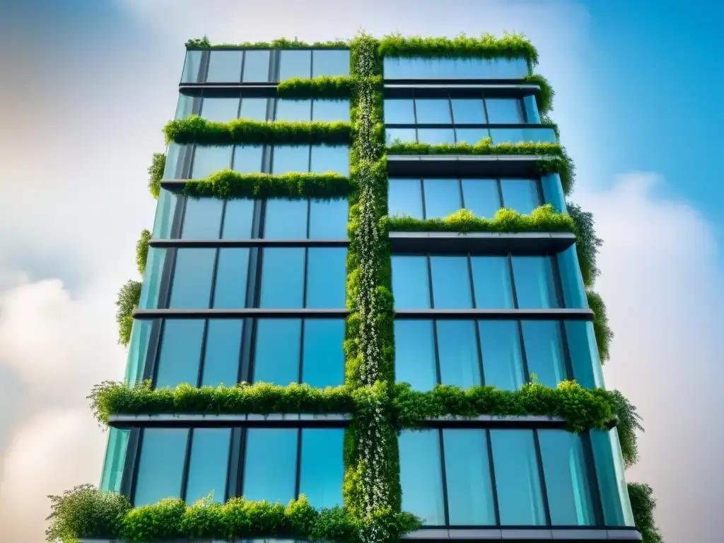Rascacielos futurista integrado con naturaleza en 8k Edificio futurista integrando naturaleza, con jardines verticales y fachadas de vidrio innovadoras