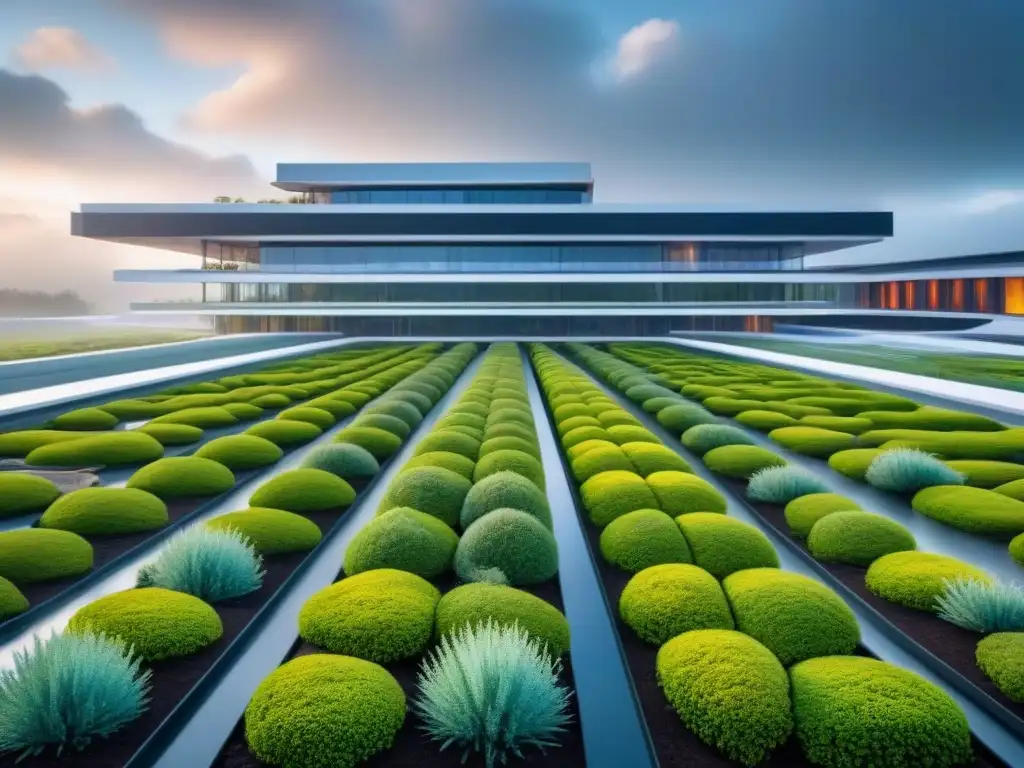Edificio sostenible futurista con sistema de gestión del agua integrado Edificio futurista con gestión sostenible financiamiento inmobiliario integrado