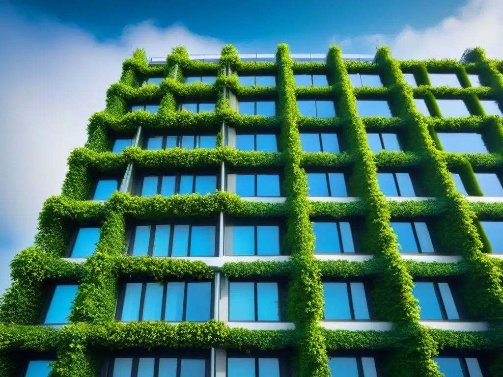 Edificio sostenible futurista: tecnología y naturaleza en armonía Edificio futurista sostenible con muros verdes, paneles solares y turbinas eólicas