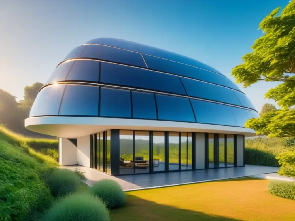 Edificio futurista sostenible con paneles solares en entorno natural Edificio futurista sostenible con paneles solares, rodeado de vegetación y cielos azules