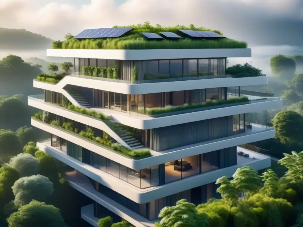 Edificio sostenible futurista: fusión de naturaleza y tecnología Un edificio futurista sostenible con tecnologías verdes en construcción financiamiento, diseño moderno y naturaleza integrada